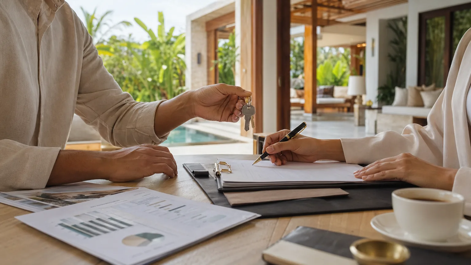 Meeting voor de overdracht van een Bali villa met documenten en sleutels