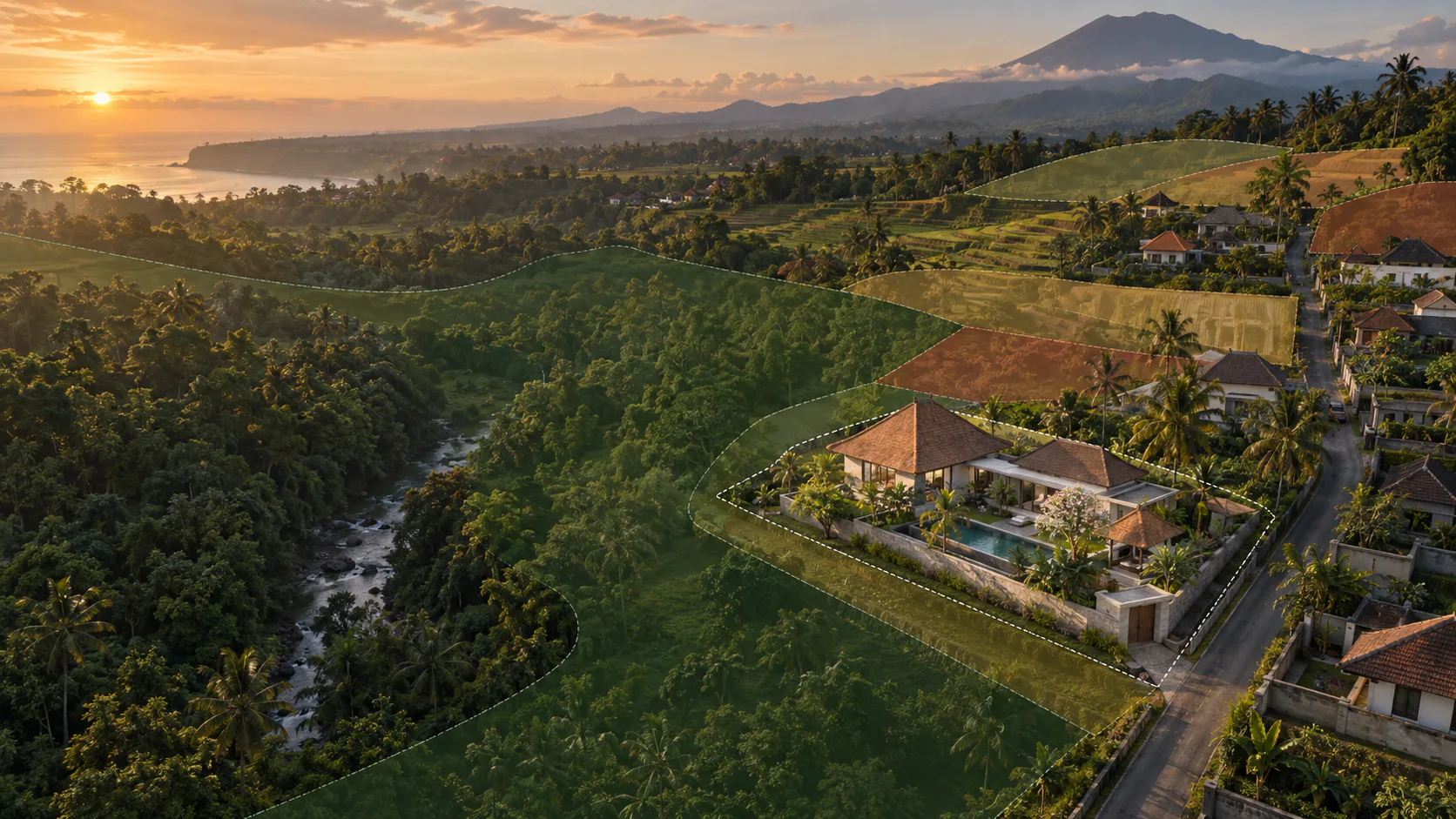 Architectonische 3D-render van een Bali-villa aan de rand van groene zoning