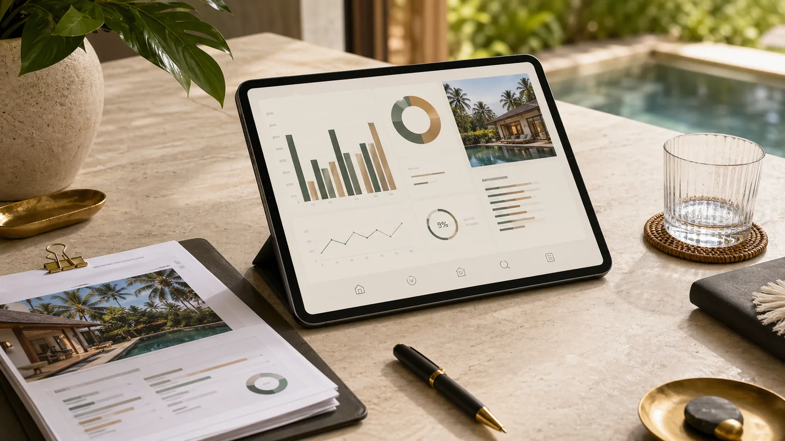 Tablet met bar charts en ROI-dashboard voor Bali vastgoed analyse