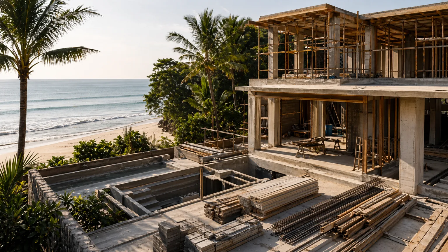 Villa in aanbouw aan het strand op Bali met uitzicht op zee