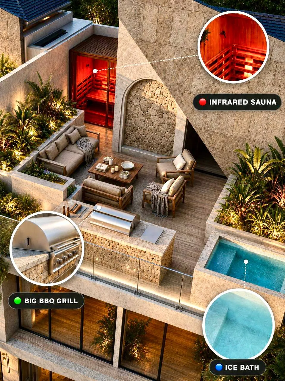 Rooftop wellness deck with sauna and ice bath
